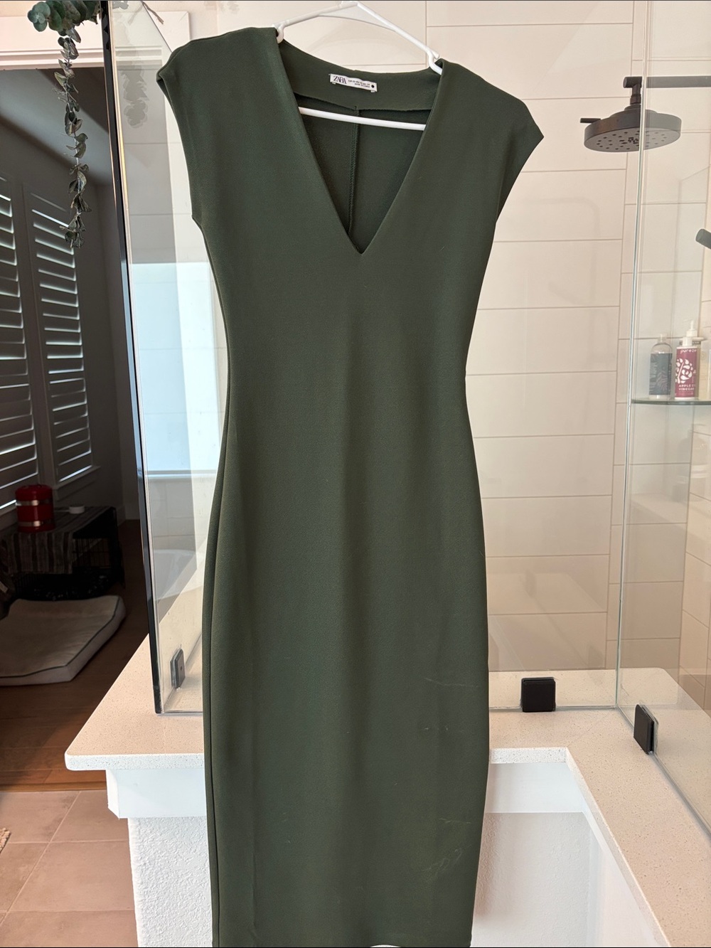 Zara Dark Olive V-Neck Midi Dress